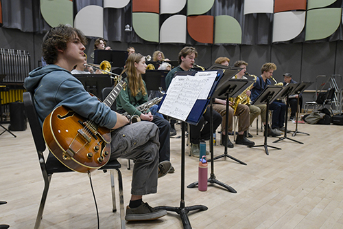 UM jazz students practice in the renovated band rehearsal room. Photo by Tanner Ecker. 