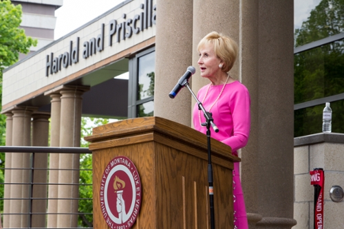 Priscilla Gilkey speaks at the Gilkey Building grand opening