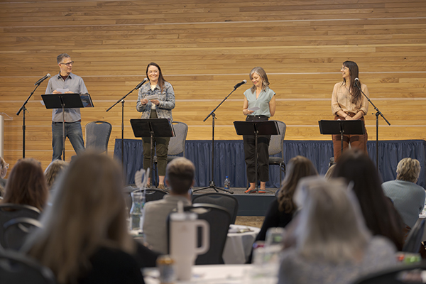 Michael Rohd, Jackie Vetter, Courtney Davis, and Kendra Mylnechuk Potter at a presentation of State of Mindat the Montana Healthcare Foundation Symposium in Bozeman. Photo by Bright Side Photo and Video.